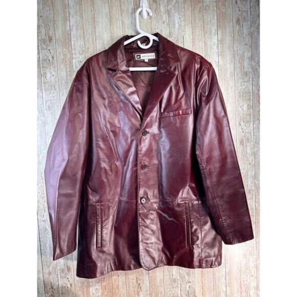 BachRach Leather Jackets Mens L Cranberry Red Button Up Satin Lined Notch Lapel - Picture 1 of 6